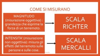 COME SI MISURANO
SCALA
RICHTER
SCALA
MERCALLI
MAGNITUDO
(misurazione oggettiva) :
grandezza che esprime la
forza di un terremoto.
INTENSITA’ (misurazione
non oggettiva): misura gli
effetti del terremoto sulle
persone e sulle cose.Prof.ssa Eliana Ermocida IC Chiuduno
 