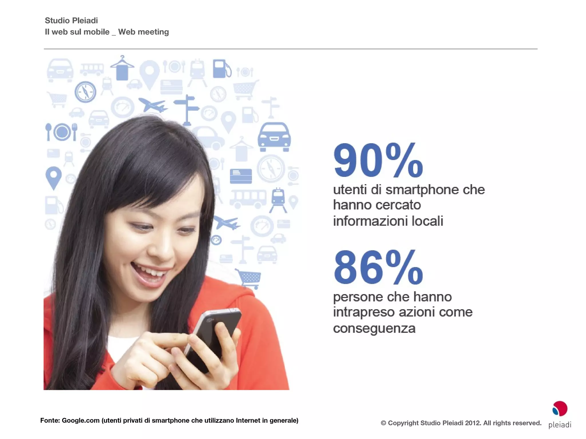 Studio Pleiadi
 Il web sul mobile _ Web meeting




Fonte: Google.com (utenti privati di smartphone che utilizzano Internet in generale)   © Copyright Studio Pleiadi 2012. All rights reserved.
 
