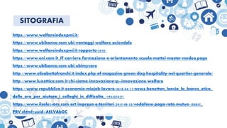 SITOGRAFIA
https://www.welfareindexpmi.it/
https://www.ubibanca.com/ubi/vantaggi-welfare-aziendale
https://www.welfareindexpmi.it/rapporto-2018/
https://www.eni.com/it_IT/carriere/formazione-e-orientamento/scuola-mattei-master-medea.page
https://www.ubibanca.com/ubi/ubimycare
http://www.elisabettafranchi.it/index.php/ef-magazine/green/dog-hospitality-nel-quartier-generale/
http://www.luxottica.com/it/chi-siamo/innovazione?p=innovazione/welfare
https://www.repubblica.it/economia/miojob/lavoro/2018/04/11/news/benetton_lancia_la_banca_etica_
delle_ore_per_aiutare_i_colleghi_in_difficolta_-193337617/
https://www.ilsole24ore.com/art/impresa-e-territori/2017-08-23/vodafone-paga-rata-mutuo-150857_
PRV.shtml?uuid=AELVAbGC
 