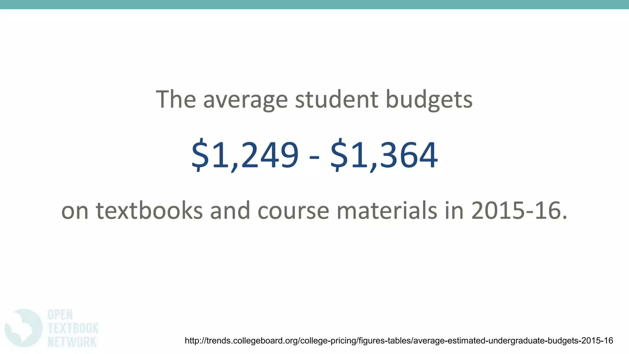 The average student budgets
$1,249 - $1,364
on textbooks and course materials in 2015-16.
http://trends.collegeboard.org/college-pricing/figures-tables/average-estimated-undergraduate-budgets-2015-16
 