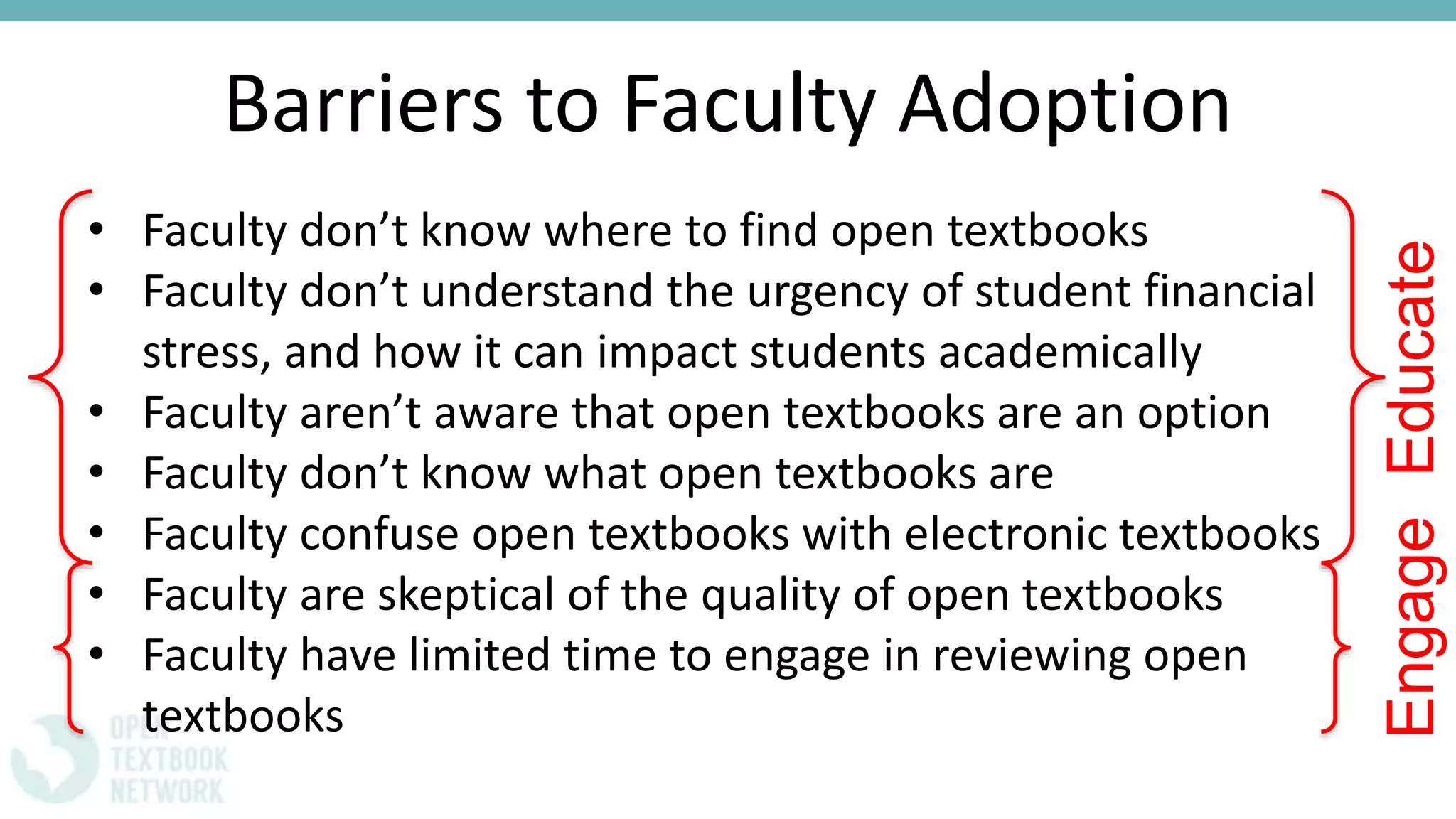 Barriers to Faculty Adoption
• Faculty don’t know where to find open textbooks
• Faculty don’t understand the urgency of student financial
stress, and how it can impact students academically
• Faculty aren’t aware that open textbooks are an option
• Faculty don’t know what open textbooks are
• Faculty confuse open textbooks with electronic textbooks
• Faculty are skeptical of the quality of open textbooks
• Faculty have limited time to engage in reviewing open
textbooks
EducateEngage
 