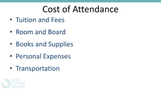Cost of Attendance
• Tuition and Fees
• Room and Board
• Books and Supplies
• Personal Expenses
• Transportation
 