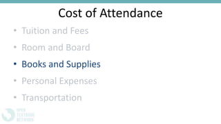 Cost of Attendance
• Tuition and Fees
• Room and Board
• Books and Supplies
• Personal Expenses
• Transportation
 