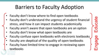 Barriers to Faculty Adoption
• Faculty don’t know where to find open textbooks
• Faculty don’t understand the urgency of student financial
stress, and how it can impact students academically
• Faculty aren’t aware that open textbooks are an option
• Faculty don’t know what open textbooks are
• Faculty confuse open textbooks with electronic textbooks
• Faculty are skeptical of the quality of open textbooks
• Faculty have limited time to engage in reviewing open
textbooks
EducateEngage
 