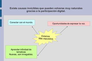 Existe causas invicibles que pueden volverse muy naturales
gracias a la participación digital.
Conectar con el mundo.
Aprender infinidad de
tematicas
Nuevas, son innegables.
Oportunidades de expresar la voz.
 