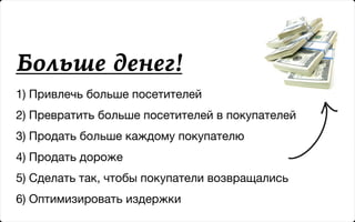 Больше денег!
1) Привлечь больше посетителей
2) Превратить больше посетителей в покупателей
3) Продать больше каждому покупателю
4) Продать дороже
5) Сделать так, чтобы покупатели возвращались
6) Оптимизировать издержки
 