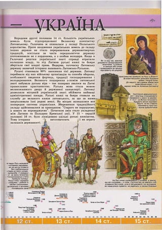 Впродовж другої половини 14 ст. більшість українських
земель були підпорядковані Великому князівству
Литовському. Галичина ж опинилася у складі Польського
королівства. Проте входження українських земель до складу
інших держав не стало перериванням державотворчих
традицій, оскільки за часів середньовіччя державу
ототожнювали не з кордонами, а з особою володаря. Якщо в
Галичині рештки української знаті справді втратили
колишню владу, то під Литвою руські князі та бояри
зберігали свої владні права. Недарма, тогочасну Литовську
державу зазвичай історики називають Литовсько-Руською.
Русичі становили 90% населення тієї держави. Литовці
переймали від них військову організацію та способи оборони,
особливості зведення фортець, традиції господарювання і
володарювання. Великого поширення з-поміж литовської
знаті набувала руська віра - так попервах звалося на Литві
православне християнство. Руська мова стала мовою
великокняжого двору й державної канцелярії. Литовці
дозволяли місцевій українській знаті обіймати найвищі
адміністративні посади. Руські князі та бояри ставали на
службу до великого князя литовського, за що за
закріплювали їхні родові землі. На місцях залишалася вся
попередня система управління. Збереження традиційного
укладу здійснювалося за принципом: "Старого не порушуємо,
а нового не впроваджуємо". Початком змін стало укладення
між Литвою та Польщею Кревської унії. У 15 - першій
половині 16 ст. було ліквідовано удільні руські князівства.
їіщскгі гу^е* СПГЦҐ.
НА
С і
Як і в наш час, важливі
документи засвідчувалися
печатками. їх робили
зі свинцю або олова
і привішували до аркушу
пергаменту на шнурках
НИМИт^т
[Християнство прийшло на Русь із Візантії:.
За візантійськими зразками будували
храми і писали ікони.
До нашого часу дивом збереглася
візантійська ікона 11 стЩ
відома тепер як Холмська Богоматір
Укріплення давньоруських
міст і фортець споруджували
переважно з землі та дерева.
У 13 ст. на Волині починають
будувати високі муровані
башти, на які ставили
камнеметні пристрої
і воїнів-арбалетників
Тому історики
залишків державності
втрату
- півдні Русь межувала
і кочовими народами,
які не могли існувати
без грабіжницьких
- а чадів на своїх сусідів-
••імлеробів. Усередині
1' ст на зміну печенігам
« оичорноморські степи
прийшли половці.
Руські князі і воювали
оловцями, і робили їх
своїми союзниками,
здружуючись з дочками,
половецьких ханів
витлумачують як
-«зювання
лимира
Узномаха
•3-1125)
Князювання Романа
Мстиславича(1199-1205)
Утворення
Галицько-Волинської 1199
держави 0
Князювання
Данила Романовича
(1238-1264)
Заснування Золотої Орди
1340
Початок правління О
литовських князів на
українських землях
Князювання
Юрія Львовича
(1301-1308)
На Русі князя порівнювали з головою, а землю,
яку він очолював, - з тілом. Суспільство не уявляло собі
існування без князя, хоча й засуджувало тих володарів,
які намагалися правити, не радячись зі своїми боярами
1440-ві
О
1185
Похід Ігоря Святославича О
на половців.
Створення "Слова
о полку Ігоревім"
1223
О
Битва на Калці
1237-1241
® Навала Батия на Русь
Битва на Синіх Водах
1349
Загарбання Польщею ®
Галичини
Утворення
Кримського
ханства
Перша згадка
про українських козаків
Кревська унія
між Польщею і Литвою
1471
Ліквідація О
Київського удільного
князівства
10 20 30 40 50 60 70 80 90
13 ст 14 ст. 15 ст
 