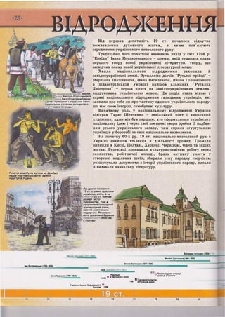 землях
Австро-Угорщини вся
і багатства перебували
руках польських і угорських панів.
Українським селянам залишалася
тажга поаия та злидні
Від перших десятиліть 19 ст. почалося відчутне
пожвавлення духовного життя, з яким пов'язують
зародження українського визвольного руху.
Традиційно його початком вважають вихід у світ 1798 р.
"Енеїди" Івана Котляревського - поеми, якій судилася слава
першого твору нової української літератури, твору, що
засвідчив появу нової української літературної мови.
Хвиля національного відродження захопила й
західноукраїнські землі. Зусиллями діячів "Руської трійці" -
Маркіяна Шашкевича, Івана Вагилевича, Якова Головацького
в підавстрійській Україні вийшов альманах "Русалка
Дністрова" - перша книга на західноукраїнських землях,
видрукована українською мовою. Ця подія стала віхою у
справі національного відродження галицьких українців, які
заявили про себе як про частину єдиного українського народу,
що має свою історію, самобутню культуру.
Виняткову роль у національному відродженні України
відіграв Тарас Шевченко - геніальний поет і визначний
художник, адже він був першим, хто сформулював українську
національну ідею і через свої поетичні твори зробив її надбан-
ням усього українського загалу, чим сприяв згуртуванню
українців у боротьбі за своє національне визволення.
На початку 60-х рр. 19 ст. національно-визвольний рух в
Україні знайшов втілення в діяльності громад. Громади
виникли в Києві, Полтаві, Харкові, Чернігові, Одесі та інших
містах. Гуртківці провадили культурно-освітню роботу серед
селянства, робітничої молоді, брали активну участь у
створенні недільних шкіл, збирали усну народну творчість,
розшукували документи з історії українського народу, писали
й видавали навчальну літературу.
Початок видобутку вугілля на Донбасі
надав поштовху розвитку важкої
індустрії в Україні
Від другої половини
19 ст. стрімко зростали
і українські міста, а на
20 ст. припав
розквіт місто-
будівництва. Тоді ж
оформився своєрідний
архітектурний стиль,
званий українським
модерном. Яскравим
його зразком є Будинок
земства
в Полтаві
Маркіян Шашкеви^18ИИ843^
Володимир Антонович (1834-1 У.
Михайло Драгоманов (1841 -1895)
Іван Котляревський (1769-1838)
Микола Костомаров (1817-1885)
Тарас
Устим Кармалюк (1787-1835)
1848
Утворення Кирило-Мефодіївського О
братства 1846
40
Революція _ — українців
О в Австрійській імперії
О Скасування кріпацтва
1861 в Російській імперії
0 Початок трудової еміграції
українців з Галичини
50 70 80
 