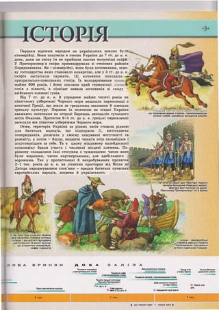 Першим відомим народом на українських землях бу
кіммерійці. Вони панували в степах України до 7 ст. до н. е.
доти, доки на зміну їм не прийшли значно могутніші скіфй.
У Причорномор'я скіфи примандрували зі степових районів
Передкавказзя. Як і кіммерійці, вони були кочовиками, осно-
ву господарства яких становило конярство, але у 3 ст. до н. е
скіфів заступили сармати. Ці кочовики походили
приуральсько-поволзьких степів. їх володарювання
майже 600 років, і йому поклали край германські
ґотів з півночі, а пізніше навала кочовиків зі сходу -
азійського племені гунів.
Від 7 ст. до н. е. й упродовж майже тисячі років на
північному узбережжі Чорного моря мешкали переселенці з
античної Греції, що жили за грецькими законами й плекали
грецьку культуру. Першою їх колонією на півдні України
вважають поселення на острові Березань неподалік сучасного
міста Очакова. Протягом 6-5 ст. до н. е. грецькі переселенці
заселили все північне узбережжя Чорного моря.
Отже, територія України за різних часів ставала рідною
для багатьох народів, що підкоряли її, витісняючи
попередників, досягали у своєму пануванні могутності та
розквіту, а потім - йшли, нездатні чинити опір сильнішим і
згуртованішим за себе. Та в цьому мінливому калейдоскопі
споконвіку брали участь і численні місцеві племена. По-
різному складалися їхні стосунки з чужинцями: часом вони^.
були мирними, часом партнерськими, але здебільшого
ворожими. Так у протистоянні й випробуваннях протягом
2-1 тис. років до н. е. на лісистих просторах від Вісли до]
Дніпра народжувалися слов'яни - предки багатьох сучасних
європейських народів, зокрема й українського.
на поселення давніх слов'ян, причорноморські
колонії греків і дунайські володіння римлян
зЛда- На~початку нашої ери території України
сягн'ули'володіння Римської імперії, :
фортеці якої постали на Дунаї';
Північному Причорномор'ї та в Криму
-е ~ові простори сучасної України
ізна населяли племена кочових
: • ота рів - від носіїв стародавніх
^-'ьостогівської та ямної культур
до історичних кіммерійців,
скіфів і сарматів
І кочові, і землеробські
£ 4, племена давньої України
підтримували торговельні
зв'язки з давньою Грецією.
Д О Б А
Панування кіммерійців
у причорноморських степах
Панування скіфів
у причорноморських степах
Початок грецької колонізації
Північного Причорномор'я
Перші праслов'янські культури
7 ст. до н. в.
_ Скіфо-перська
О війна 512 р. до н. е.
Давньослов'янські племена
мрубинецькоїдльг^^ Прихід ґотів
у Східну Європу
Початок Великого
розселення слов'ян
Панування сарматів у причорноморських степах
Доба римського панування
на півдні України
О Народження Ісуса Христа
О Навала гунів
375
 