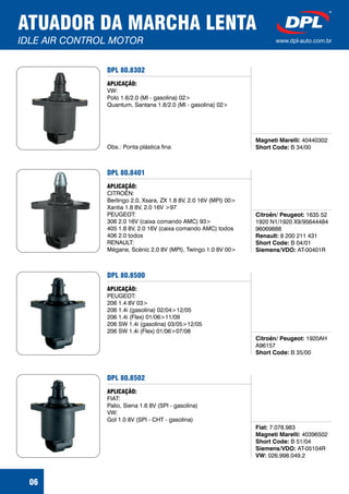 DPL 80.8302
Magneti Marelli:
Short Code:
40440302
B 34/00
APLICAÇÃO:
VW:
Polo 1.6/2.0 (MI - gasolina) 02>
Quantum, Santana 1.8/2.0 (MI - gasolina) 02>
Obs.: Ponta plástica fina
06
ATUADOR DA MARCHA LENTA
IDLE AIR CONTROL MOTOR www.dpl-auto.com.br
DPL 80.8401
Citroën/ Peugeot:
Renault:
Short Code:
Siemens/VDO:
1635 52
1920 N1/1920 X9/95644484
96069888
8 200 211 431
B 04/01
AT-00401R
APLICAÇÃO:
CITROËN:
Berlingo 2.0, Xsara, ZX 1.8 8V, 2.0 16V (MPI) 00>
Xantia 1.8 8V, 2.0 16V >97
PEUGEOT:
306 2.0 16V (caixa comando AMC) 93>
405 1.8 8V, 2.0 16V (caixa comando AMC) todos
406 2.0 todos
RENAULT:
Mégane, Scénic 2.0 8V (MPI), Twingo 1.0 8V 00>
DPL 80.8500
Citroën/ Peugeot:
Short Code:
1920AH
A96157
B 35/00
APLICAÇÃO:
PEUGEOT:
206 1.4 8V 03>
206 1.4i (gasolina) 02/04>12/05
206 1.4i (Flex) 01/06>11/09
206 SW 1.4i (gasolina) 03/05>12/05
206 SW 1.4i (Flex) 01/06>07/08
DPL 80.8502
Fiat:
Magneti Marelli:
Short Code:
Siemens/VDO:
VW:
7.078.983
40396502
B 51/04
AT-05104R
026.998.049.2
APLICAÇÃO:
FIAT:
Palio, Siena 1.6 8V (SPI - gasolina)
VW:
Gol 1.0 8V (SPI - CHT - gasolina)
 