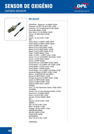 SENSOR DE OXIGÊNIO
OXYGEN SENSOR www.dpl-auto.com.br
102
DPL-60.8107
...
DAIHATSU : Applause 1.6i 08/96>04/00
Charade 1.0L 6V/1.3L 8V 01/90>12/93
Charade 1.3i/1.5i Hatchback 01/93>09/00
Cuore 850 08/94>12/99
Gran Move 1.5i 16V 08/96>03/00
Terios 1.3i 4WD 03/97>05/00
FORD:
Aspire 1.3L 8V 01/94>12/95
GM:
Astra/ Sedan 1.8 MPFI 10/98>09/01
Astra/ Sedan 2.0 MPFI 10/98>03/04
Astra 2.0 MPFI/ SW 10/98>
Blazer/ S10 2.2 EFI 03/95>10/98
Blazer/ S10 2.2 MPFI 08/97>04/00
Blazer/ S10 2.4 MPFI 05/00>01/07
Celta 1.0 MPFI 08/00>12/02
Celta 1.0 VHC/ 1.4 MPFI 10/02>12/06
Corsa 1.0/1.4/1.6 EFI/MPFI 16V 04/94>10/02
Corsa 1.0 VHC 02/02>08/05
Corsa 1.8 MPFI 02/02>
Corsa Pick-Up 1.6 EFI/MPFI 05/95>08/03
Corsa Sedan 1.0/1.6 MPFI 16V 12/95>10/06
Corsa Sedan 1.0 VHC 01/03>12/05
Corsa Sedan 1.8 MPFI 02/02>
Corsa Wagon 1.0/1.6 MPFI 16V 03/96>07/02
Ipanema/ Kadett 2.0 MPFI 12/96>12/98
Meriva 1.8 MPFI/SFI 8V/16V 08/02>
Monza 2.0 MPFI 06/91>12/93
Omega/ Suprema 2.2 MPFI 10/94>12/98
Vectra 2.0 MPFI 04/96>06/05
Vectra 2.2 MPFI 07/98>12/02
Zafira 2.0 MPFI 04/01>02/04
HONDA:
Civic 1.5i 16V Hatchback/ Sedan 10/95>02/01
HYUNDAI:
Accent 1.3i/1.5i 16V Hatchback 03/97>07/99
Atos Prime 1.0i 09/99>08/00
Excel 1.5L 8V 01/90>12/94
Sonata I 2.0i/3.0i 06/88>06/93
KIA:
Sephia 1.6L 8V 01/93>12/95
MAZDA:
323 1.6L 8V 01/90>12/94
MX-3 1.6i 05/91>10/93
Protege 1.8L 8V 01/90>12/94
MERCEDES-BENZ:
500 SEL 09/83>07/85
E 220 07/93>06/95
MITSUBISHI:
Colt 1.5L 8V 01/90>12/95
CONTINUA...
 