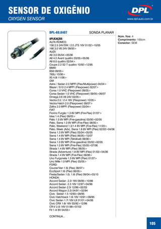 105
SENSOR DE OXIGÊNIO
OXYGEN SENSOR www.dpl-auto.com.br
DPL-60.8407
APLICAÇÃO:
ALFA ROMEO:
156 2.5 24V/SW / 2.0 JTS 16V 01/02>10/05
166 3.0 V6 24V 09/00>
AUDI:
A6 3.0 05/04>05/06
A6 4.2 Avant quattro 03/05>05/06
A8 6.0 quattro 02/04>
Coupe 2.2 S2 T quattro 10/92>12/95
BMW:
650i 09/05>
760Li 10/06>
X5 4.8i 11/06>
GM:
Astra / Sedan 2.0 MPFI (Flex/Multipower) 04/04>
Blazer / S10 2.4 MPFI (Flexpower) 02/07>
Corsa 1.0 VHC (Flexpower) 09/05>
Corsa Sedan 1.0 VHC (Flexpower) 09/05>06/07
Omega 3.6 V6 24V 03/05>
Vectra 2.0 / 2.4 16V (Flexpower) 10/05>
Vectra Hatch 2.0 (Flexpower) 09/07>
Zafira 2.0 MPFI (Flexpower) 03/04>
FIAT:
Fiorino Furgão 1.3 8V MPI (Fire-Flex) 01/07>
Idea 1.4 (Flex) 09/05>
Palio 1.0 8V MPI (Fire-gasolina) 03/00>02/05
Palio, Siena 1.0 8V MPI (Fire-Flex) 08/05>
Palio, Weekend 1.3/1.4 8V MPI (Fire-Flex) 11/03>
Palio, Week (Adv), Siena 1.8 8V MPI (Flex) 02/03>04/06
Siena 1.3 8V MPI (Flex) 03/04>05/05
Siena 1.4 8V MPI (Flex) 06/05>10/07
Siena 1.4 8V MPI (Tetrafuel) 08/06>
Siena 1.0 8V MPI (Fire-gasolina) 03/02>02/05
Siena 1.0 8V MPI (Fire-Flex) 03/05>07/06
Strada 1.4 8V MPI (Flex) 06/05>
Strada (Adventure) 1.8 8V MPI (Flex) 01/03>04/06
Strada 1.4 8V MPI (Fire-Flex) 09/06>
Uno Furgoneta 1.3 8V MPI (Flex) 01/07>
Uno Mille 1.0 MPI (Flex) 03/05>
FORD:
Courier/Van 1.6i (Flex) 06/07>
EcoSport 1.6i (Flex) 06/05>
Fiesta/Sedan 1.0i, 1.6i (Flex) 09/04>03/10
HONDA:
Accord Sedan 2.2i 16V 09/95>10/98
Accord Sedan 2.3 16V 12/97>04/99
Accord Sedan 2.3i 12/99>02/03
Accord Wagon 2.2i 04/91>02/94
Civic Sedan 1.5 10/93>09/95
Civic Hatchback 1.6i 16V 10/91>09/95
Civic Sedan 1.7i 16V LX 01/01>04/06
Civic CRX 1.6i 16V 03/92>12/99
CR-V 2.0i 16V 01/99>07/02
Fit 1.4i 8V 04/03>
CONTINUA...
Núm. fios:
Comprimento:
Conector:
4
100cm
SEM
SONDA PLANAR
 