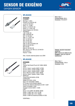 SENSOR DE OXIGÊNIO
OXYGEN SENSOR www.dpl-auto.com.br
109
DPL-60.8428
Citroën:
MTE:
Peugeot:
96229974/96229997
96359782
8826.40.041/8826.40.045
1628.CW/1628.HR
9662925520
APLICAÇÃO:
CITROËN:
Berlingo 1.4 96>
Evasion 2.0 16V 00>02
Jump 2.0 16V 00>
Saxo 1.4, 1.6 96>
Xantia 1.8 16V 97>03
Xsara 1.4, 1.6 97>05
Xsara Picasso 2.0i 16V 00>
PEUGEOT:
106 1.0 96>05
206 1.6 8V 99>03
207 1.6 16V 06>
306 1.4, 1.6 97>02
307 1.6 16V 02>
307 1.6i 04>05
307 2.0 16V 06>
406 1.8 16V, 3.0 V6 95>04
606 3.0 V6 24V 00>
607 3.0i 00
806 2.0 16V 00>02
807, C8 2.0, 2.0i 16V, 2.2, 3.0 V6 02>
C5 3.0 V6 01>
Partner 1.4 96>
Obs.: Exceto sistemas planar e/ou GNV
Núm. fios:
Comprimento:
Conector:
4
68cm
PEUGEOT
DPL-60.8430
APLICAÇÃO:
ASIA:
Towner Van/Coach/Truck 0.8 10/98>09/03
AUDI:
A4 2.4 / Avant / quattro 08/97>07/98
A4 2.8 / Avant / quattro 03/96>12/98
A6 2.4 / Avant / quattro 04/97>12/98
A6 2.7 Biturbo quattro 10/97>08/00
A6 2.8 / Avant / quattro 10/95>12/98
BENTLEY:
Turbo R 6.8 V8 04/93>07/95
CHRYSLER:
300M 3.5 01/00>12/04
Neon 2.0i 16V 06/94>08/99
PT Cruiser 2.0/2.4/Cabrio 06/00>
Stratus 2.0i 16V/2.5i 24V/Cabrio 01/97>12/97
Vision 3.5i 09/93>12/97
Voyager 2.4i/3.3i 02/01>12/03
FIAT:
Brava 1.6/1.8 MPI 16V 08/99>06/03
Doblo 1.3 MPI 16V 11/01>01/06
Doblo 1.6 MPI 16V 11/01>08/03
Doblo 1.8 MPI 8V Adventure 09/03>01/06
CONTINUA...
Núm. fios:
Comprimento:
Conector:
4
100cm
SEM
 
