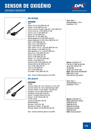 DPL-60.8468
APLICAÇÃO:
FIAT:
Brava 1.6/1.8 16V (MPI) 00>03
Doblò 1.6 16V (MPI) 02>03
Fiorino, Fiorino Furgão, Palio EX 1.3 8V (MPI) 03>
Fiorino Pick-up 1.5 8V (MPI) 97>99
Fiorino, Uno 1.5 8V (MPI) 97>
Marea 1.8 16V (MPI) 00>
Marea SX 1.6 16V (MPI) 06>
Marea Weekend 2.0 20V (MPI) 99>00
Marea Weekend 2.0 20V Turbo (MPI) 99>02
Palio 1.0 8V (MPI) 98>02
Palio, Uno 1.0 8V (MPI) 01>
Palio 1.6 8V (SPI) 98>99
Palio, Siena 1.0/1.5, 1.6 8/16V (MPI) 96>04
Palio, Strada 1.3 8V (MPI) 03>05
Palio Weekend 1.5, 1.6 8/16V (MPI) 97>
Siena Fire 1.0 8V (MPI) 02>03
Siena 1.6 8V (SPI) 98>99
Siena 1.5 8V (MPI) 03>04
Strada 1.5, 1.6 8/16V (MPI) 99>
Strada 1.3 8V (MPI) 03>
Tempra 2.0 8V Turbo (MPI) 95>98
Tempra SW 2.0 8V (MPI) 94>97
Tipo 1.6 8V (SPI) 93>95
Tipo 2.0 16V (MPI) 94
Uno 1.3 8V (MPI) 03>
Uno Mille 1.0 8V (MPI) 99>03
Obs.: Exceto sistemas planar e/ou GNV
SENSOR DE OXIGÊNIO
OXYGEN SENSOR www.dpl-auto.com.br
115
Bosch:
MTE:
NTK:
0 258 003 772
Fiat: 46.417.969/ 46.444.284
46.447.841/46.523.129
46.529.385
46.481.457/ 46.481.458
7834.40.031/054/080/097
OZA 112-A4
OZA 334-A3/ OZA 448-E7
Núm. fios:
Comprimento:
Conector:
4
100cm
FIAT
DPL-60.8472
APLICAÇÃO:
FORD:
Courier, Fiesta, Ka 1.0/1.3 (Endura - E) 97>99
Courier, Fiesta, Ka 1.0/1.6 (Zetec Rocan) 99>
Courier, Fiesta 1.4 16V (Zetec - SE) 96>99
EcoSport 1.0/1.6 (Zetec Rocan) 03>
EcoSport 2.0 (Duratec HE) 03>
Escort 1.6 (Zetec Rocan) 00>02
Escort 1.8 16V (Zetec) 96>02
F1000 4.9 98
Focus 2.0 (Duratec HE) 05
IMPORTADOS:
Mondeo 1.8/2.0 94>96
Mondeo 2.0 (Zetec - E) 96>98
Mondeo Sedan 2.5 V6 (DOHC) 98>99
Obs.: Exceto sistemas planar e/ou GNV
Bosch:
Ford:
MTE:
0 258 003 714
2S65-9F472-AB/AC
93AB-9F472-AA
93BB-9F472-AA
96FB-9F472-CA/DA
96VB-9F472-DA/DB
F5RZ-9F472-B
7818.40.040/071
Núm. fios:
Comprimento:
Conector:
4
75cm
FORD
 