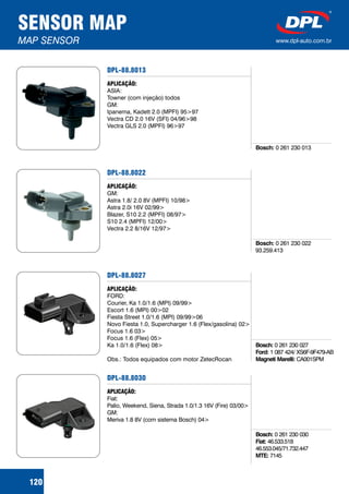 SENSOR MAP
MAP SENSOR www.dpl-auto.com.br
120
DPL-88.8013
APLICAÇÃO:
ASIA:
Towner (com injeção) todos
GM:
Ipanema, Kadett 2.0 (MPFI) 95>97
Vectra CD 2.0 16V (SFI) 04/96>98
Vectra GLS 2.0 (MPFI) 96>97
Bosch: 0 261 230 013
DPL-88.8022
APLICAÇÃO:
GM:
Astra 1.8/ 2.0 8V (MPFI) 10/98>
Astra 2.0i 16V 02/99>
Blazer, S10 2.2 (MPFI) 08/97>
S10 2.4 (MPFI) 12/00>
Vectra 2.2 8/16V 12/97>
Bosch: 0 261 230 022
93.259.413
DPL-88.8027
APLICAÇÃO:
FORD:
Courier, Ka 1.0/1.6 (MPI) 09/99>
Escort 1.6 (MPI) 00>02
Fiesta Street 1.0/1.6 (MPI) 09/99>06
Novo Fiesta 1.0, Supercharger 1.6 (Flex/gasolina) 02>
Focus 1.6 03>
Focus 1.6 (Flex) 05>
Ka 1.0/1.6 (Flex) 08>
Obs.: Todos equipados com motor ZetecRocan
Bosch:
Ford:
Magneti Marelli:
0 261 230 027
1 087 424/ XS6F-9F479-AB
CA001SPM
DPL-88.8030
APLICAÇÃO:
Fiat:
Palio, Weekend, Siena, Strada 1.0/1.3 16V (Fire) 03/00>
GM:
Meriva 1.8 8V (com sistema Bosch) 04>
Bosch:
Fiat:
MTE:
0 261 230 030
46.533.518
46.553.045/71.732.447
7145
 
