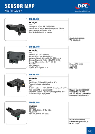 SENSOR MAP
MAP SENSOR www.dpl-auto.com.br
121
DPL-88.8031
APLICAÇÃO:
VW:
Gol Special 1.0 8V (Mi) 05/99>06/02
Gol GIII 1.0 8V Mi (álcool/gasolina) 05/05>06/05
Golf 2.0 8V (116 HP) 99>11/02
Polo, Polo Sedan 2.0 99>08/03
Bosch:
VW:
0 261 230 031
06B.906.051
DPL-88.8039
APLICAÇÃO:
GM:
Blazer, S10 2.2 (EFI) 96>97
Corsa 1.0, 1.4, 1.6 (EFI/MPFI) 94>
Ipanema, Kadett, Monza 1.8, 2.0 (EFI) 91>96
Omega, Suprema, Vectra 2.2 (MPFI) 96>98
Omega CD Australiano 3.8 V6 99>04
Tigra 98>
IMPORTADOS:
Lumina 3.1/3.4 (APV) 91>
Delphi:
MTE:
SPD 00169
16.137.039
7120
DPL-88.8041
APLICAÇÃO:
VW:
Gol, Parati 1.0 16V (MPI - gasolina) 97>
*usar com chapa espaçadora
VW:
Gol, Parati, Saveiro 1.6/1.8/2.0 Mi (álcool/gasolina) 97>
Polo Classic 1.8 Mi (gasolina) 96>
Quantum, Santana 1.8/2.0 Mi (álcool/gasolina) 97>
*usar sem chapa espaçadora
Magneti Marelli:
Short code:
VW:
502.024.02
T-PRT04/B
027.998.041.1/036.906.051
036.906.051D/036.998.041.1
DPL-88.8043
APLICAÇÃO:
CITROËN:
C3 1.6 16V, Xsara 1.6 16V todos
PEUGEOT:
206, 306, 307 1.6 16V todos
Bosch:
Citroën / Peugeot:
0 261 230 043
1920 AJ
96 393 814 80
 