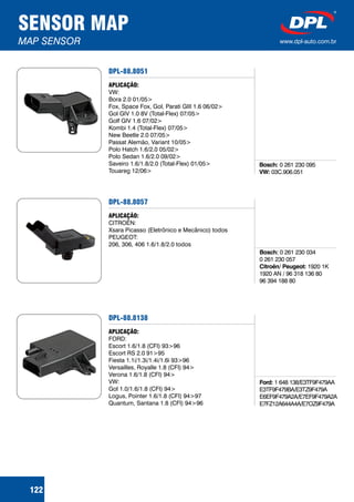 SENSOR MAP
MAP SENSOR www.dpl-auto.com.br
122
DPL-88.8051
APLICAÇÃO:
VW:
Bora 2.0 01/05>
Fox, Space Fox, Gol, Parati GIII 1.6 06/02>
Gol GIV 1.0 8V (Total-Flex) 07/05>
Golf GIV 1.6 07/02>
Kombi 1.4 (Total-Flex) 07/05>
New Beetle 2.0 07/05>
Passat Alemão, Variant 10/05>
Polo Hatch 1.6/2.0 05/02>
Polo Sedan 1.6/2.0 09/02>
Saveiro 1.6/1.8/2.0 (Total-Flex) 01/05>
Touareg 12/06>
Bosch:
VW:
0 261 230 095
03C.906.051
DPL-88.8057
APLICAÇÃO:
CITROËN:
Xsara Picasso (Eletrônico e Mecânico) todos
PEUGEOT:
206, 306, 406 1.6/1.8/2.0 todos
Bosch:
Citroën/ Peugeot:
0 261 230 034
0 261 230 057
1920 1K
1920 AN / 96 318 136 80
96 394 188 80
DPL-88.8138
APLICAÇÃO:
FORD:
Escort 1.6/1.8 (CFI) 93>96
Escort RS 2.0 91>95
Fiesta 1.1i/1.3i/1.4i/1.6i 93>96
Versailles, Royalle 1.8 (CFI) 94>
Verona 1.6/1.8 (CFI) 94>
VW:
Gol 1.0/1.6/1.8 (CFI) 94>
Logus, Pointer 1.6/1.8 (CFI) 94>97
Quantum, Santana 1.8 (CFI) 94>96
Ford: 1 648 138/E3TF9F479AA
E3TF9F479BA/E3TZ9F479A
E6EF9F479A2A/E7EF9F479A2A
E7FZ12A644A4A/E7OZ9F479A
 