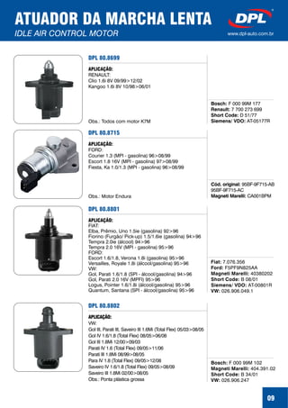 09
ATUADOR DA MARCHA LENTA
IDLE AIR CONTROL MOTOR www.dpl-auto.com.br
DPL 80.8699
Bosch:
Renault:
Short Code:
Siemens/ VDO:
F 000 99M 177
7 700 273 699
D 51/77
AT-05177R
APLICAÇÃO:
RENAULT:
Clio 1.6i 8V 09/99>12/02
Kangoo 1.6i 8V 10/98>06/01
Obs.: Todos com motor K7M
DPL 80.8715
Cód. original:
Magneti Marelli:
95BF-9F715-AB
AC
CA001BPM
95BF-9F715-
APLICAÇÃO:
FORD:
Courier 1.3 (MPI - gasolina) 96>08/99
Escort 1.8 16V (MPI - gasolina) 97>08/99
Fiesta, Ka 1.0/1.3 (MPI - gasolina) 96>08/99
Obs.: Motor Endura
DPL 80.8801
Fiat:
Ford:
Magneti Marelli:
Short Code:
Siemens/ VDO:
VW:
7.076.356
F5PF9N825AA
40380202
B 08/01
AT-00801R
026.906.049.1
APLICAÇÃO:
FIAT:
Elba, Prêmio, Uno 1.5ie (gasolina) 92>96
Fiorino (Furgão/ Pick-up) 1.5/1.6ie (gasolina) 94>96
Tempra 2.0ie (álcool) 94>96
Tempra 2.0 16V (MPI - gasolina) 95>96
FORD:
Escort 1.6/1.8, Verona 1.8i (gasolina) 95>96
Versailles, Royale 1.8i (álcool/gasolina) 95>96
VW:
Gol, Parati 1.6/1.8 (SPI - álcool/gasolina) 94>96
Gol, Parati 2.0 16V (MPFI) 95>96
Logus, Pointer 1.6/1.8i (álcool/gasolina) 95>96
Quantum, Santana (SPI - álcool/gasolina) 95>96
DPL 80.8802
Bosch:
Magneti Marelli:
Short Code:
VW:
F 000 99M 102
404.391.02
B 34/01
026.906.247
APLICAÇÃO:
VW:
Gol III, Parati III, Saveiro III 1.6Mi (Total Flex) 05/03>08/05
Gol IV 1.6/1.8 (Total Flex) 08/05>06/08
Gol III 1.8Mi 12/00>09/03
Parati IV 1.6 (Total Flex) 09/05>11/06
Parati III 1.8Mi 08/99>08/05
Para IV 1.8 (Total Flex) 09/05>12/08
Saveiro IV 1.6/1.8 (Total Flex) 09/05>08/09
Saveiro III 1.8Mi 02/00>08/05
Obs.: Ponta plástica grossa
 
