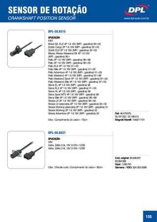 135
SENSOR DE ROTAÇÃO
CRANKSHAFT POSITION SENSOR www.dpl-auto.com.br
DPL-50.8515
APLICAÇÃO:
FIAT:
Brava SX, ELX 4P 1.6 16V (MPI - gasolina) 00>03
Doblò Cargo 2P 1.6 16V (MPI - gasolina) 02>03
Doblò ELX 2P 1.6 16V (MPI - gasolina) 02>03
Marea, Marea Weekend SX 4P 1.6 16V
(MPI - gasolina) 06>
Palio 2P 1.6 16V (MPI - gasolina) 96>98
Palio 4P 1.6 16V (MPI - gasolina) 96>00
Palio ELX 4P 1.6 16V 01>03
Palio Stile 4P 1.6 16V (MPI - gasolina) 01>02
Palio Adventure 4P 1.6 16V (MPI - gasolina) 01>03
Palio Weekend 4P 1.6 16V (MPI - gasolina) 97>98
Palio Weekend Sport 4P 1.6 16V (MPI - gasolina) 97>00
Palio Weekend Stile 4P 1.6 16V (MPI - gasolina) 97>03
Siena EL 4P 1.6 16V (MPI - gasolina) 98
Siena ELX 4P 1.6 16V (MPI - gasolina) 01>03
Siena HL 4P 1.6 16V (MPI - gasolina) 98
Siena Sport MTV 4P 1.6 16V (MPI - gasolina) 98
Siena Stile 4P 1.6 16V (MPI - gasolina) 98>99
Strada LX 2P 1.6 16V (MPI - gasolina) 99>00
Strada LX estendida 2P 1.6 16V (MPI - gasolina) 00>02
Strada Working estendida 2P 1.6 16V (MPI - gasolina) 01
Strada Working 2P 1.6 16V (MPI - gasolina) 02
Strada Adventure 2P 1.6 16V (MPI - gasolina) 02
Obs.: Comprimento do cabo= 73cm
Fiat:
Magneti Marelli:
46.479.975
55.187.332 / 55.189.515
1040211101
DPL-50.8637
APLICAÇÃO:
GM:
Astra, Zafira 2.0L 16V 01/03>12/09
Astra, Zafira 2.4L 16V 01/04>12/09
Obs.: Chicote curto. Comprimento do cabo= 85cm
Cód. original:
Opel:
Siemens / VDO:
90.508.637
93.384.389
1.238.750
324 003 008R
 