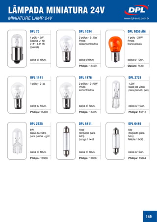 LÂMPADA MINIATURA 24V
MINIATURE LAMP 24V www.dpl-auto.com.br
DPL 75
1 pólo - 2W
Scania L110,
L111, L111S
(painel)
caixa c/ 10un.
DPL 1034
2 pólos - 21/5
Pinos
desencontrados
caixa c/10un.
W
Philips: 13499
149
DPL 1056 ÂM
1 pólo - 21W
Pinos
transversais
caixa c/ 10un.
Osram: 7510
DPL 1176
2 pólos - 21/5W
Pinos
encontrados
caixa c/ 10un.
Philips: 13405
DPL 2825
5W
Base de vidro
para painel - grd.
caixa c/ 10un.
Philips: 13960
DPL 1141
1 pólo - 21W
caixa c/ 10un.
Philips: 13498
DPL 2721
1,2W
Base de vidro
para painel - peq.
caixa c/ 10un.
Philips: 13516
DPL 6411
10W
(torpedo para
teto).
Longa 11x41
caixa c/ 10un.
Philips: 13866
DPL 6418
5W
(torpedo para
teto).
Média 11x35
caixa c/10un.
Philips: 13844
 