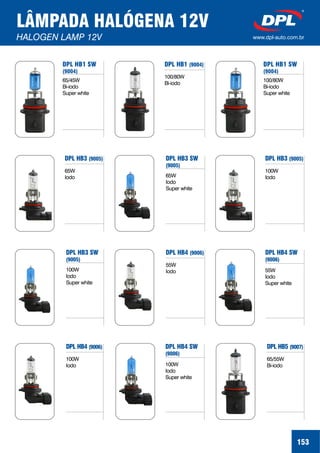 LÂMPADA HALÓGENA 12V
HALOGEN LAMP 12V www.dpl-auto.com.br
DPL HB1 SW
(9004)
65/45W
Bi-iodo
Super white
DPL HB1 (9004)
DPL HB3 (9005)
DPL HB4 (9006)
DPL HB4 (9006) DPL HB5 (9007)
DPL HB3 (9005)DPL HB3 SW
(9005)
DPL HB3 SW
(9005)
100/80W
Bi-iodo
65W
Iodo
55W
Iodo
100W
Iodo
65/55W
Bi-iodo
100W
Iodo65W
Iodo
Super white
100W
Iodo
Super white
DPL HB1 SW
(9004)
100/80W
Bi-iodo
Super white
DPL HB4 SW
(9006)
DPL HB4 SW
(9006)
55W
Iodo
Super white
100W
Iodo
Super white
153
 