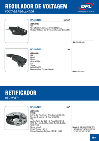 REGULADOR DE VOLTAGEM
VOLTAGE REGULATOR www.dpl-auto.com.br
169
DPL-30.3202
APLICAÇÃO:
GM:
Chevette (com alternador Delco 28/32/55A)
Opala e Utilitários S e C10 (com alternador Delco) 85>
GM: 94.652.566
14V/55A
DPL-30.3432
APLICAÇÃO:
GM:
Kadett
Monza
Omega CD 4.1
S10
Vectra
IMPORTADOS:
Daewoo, Opel, Pontiac, Suzuki
Delco: 1116432
14V
RETIFICADOR
RECTIFIER
DPL-35.1277
APLICAÇÃO:
FORD:
Belina, Del Rey, Escort Ghia, Guaruja XR3 1.8,
Pampa1.8, Verona 1.6, Verona GLX 1.8
VW:
Apollo, Parati GL, GLS 1.8, Passat 1.5/1.6/1.8,
GTS, Gol 1000, Gol Plus 1000i, Gol 1.6, Gol GL,
GT, GTS 1.8
Kombi (diesel)
Parati, Voyage 1.5/1.6
Pointer, Quantum, Santana 1.8/2.0 >12/91
Bosch: 9 122 080 277/672/ 276
1127 320 081/1127 011 112/113
114/103/105/108/119/120
65A
 