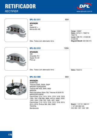 RETIFICADOR
RECTIFIER www.dpl-auto.com.br
170
DPL-35.1311
APLICAÇÃO:
GM:
Kadett 91>
Monza 82>90
Obs.: Todos com alternador Arno
Cargo:
Delco:
Lucas:
Magneti Marelli:
130667
3472311 / 7982716
7982718
UBB 701 / 21226106
21226109
940 038 216
65A
DPL-35.1312
APLICAÇÃO:
GM:
Chevette 73>
Opala 75>91
Pick-up
Obs.: Todos com alternador Arno Delco: 7332312
120A
DPL-35.1366
APLICAÇÃO:
KOMATSU:
Tratores D30E, D50A, D50P
MASSEY FERGUSON:
Tratores MF1630, 3640, 5650
MAXION:
Retro-escadeira Série 750, Tratores 9150/9170
MERCEDES BENZ:
Caminhões 1214, 1414, 1614, 1218, 1418, 1618,
1935, 1941 (OM 366, 366A, 447LA, 449A), 2220,
1524, 1525, L709, 702, 1520, 1621, 2020
Caminhões 1113, 1313, 1316, 1513, 1516, 2013,
2213, 2216, Ônibus 364, 365, O365
TOYOTA:
Bandeirante
Bosch: 1 127 011 098/101
1 127 320 366/ 545
344/ 363/ 367/ 546/ 599
95A
 