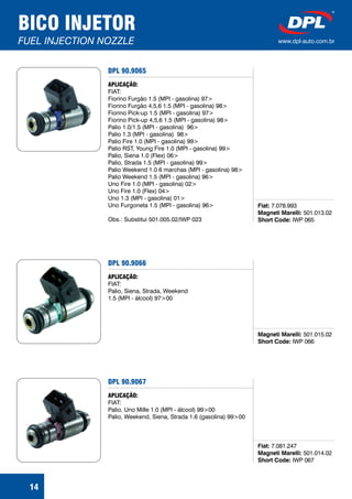 DPL 90.9065
Fiat:
Magneti Marelli:
Short Code:
7.078.993
501.013.02
IWP 065
APLICAÇÃO:
FIAT:
Fiorino Furgão 1.5 (MPI - gasolina) 97>
Fiorino Furgão 4,5,6 1.5 (MPI - gasolina) 98>
Fiorino Pick-up 1.5 (MPI - gasolina) 97>
Fiorino Pick-up 4,5,6 1.5 (MPI - gasolina) 98>
Palio 1.0/1.5 (MPI - gasolina) 96>
Palio 1.3 (MPI - gasolina) 98>
Palio Fire 1.0 (MPI - gasolina) 99>
Palio RST, Young Fire 1.0 (MPI - gasolina) 99>
Palio, Siena 1.0 (Flex) 06>
Palio, Strada 1.5 (MPI - gasolina) 99>
Palio Weekend 1.0 6 marchas (MPI - gasolina) 98>
Palio Weekend 1.5 (MPI - gasolina) 96>
Uno Fire 1.0 (MPI - gasolina) 02>
Uno Fire 1.0 (Flex) 04>
Uno 1.3 (MPI - gasolina) 01>
Uno Furgoneta 1.5 (MPI - gasolina) 96>
Obs.: Substitui 501.005.02/IWP 023
14
BICO INJETOR
FUEL INJECTION NOZZLE www.dpl-auto.com.br
DPL 90.9066
Magneti Marelli:
Short Code:
501.015.02
IWP 066
APLICAÇÃO:
FIAT:
Palio, Siena, Strada, Weekend
1.5 (MPI - álcool) 97>00
DPL 90.9067
Fiat:
Magneti Marelli:
Short Code:
7.081.247
501.014.02
IWP 067
APLICAÇÃO:
FIAT:
Palio, Uno Mille 1.0 (MPI - álcool) 99>00
Palio, Weekend, Siena, Strada 1.6 (gasolina) 99>00
 