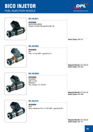 15
BICO INJETOR
FUEL INJECTION NOZZLE www.dpl-auto.com.br
DPL 90.9071
Short Code: IWP 071
APLICAÇÃO:
MERCEDES BENZ:
Classe A (A160/190) gasolina 99>05
DPL 90.9092
Magneti Marelli:
Short Code:
501.025.02
IWP 092
APLICAÇÃO:
VW:
Polo 1.0 16V (MPI - gasolina) 01>
DPL 90.9099
Magneti Marelli:
Short Code:
501.021.02
IWP 099
APLICAÇÃO:
PEUGEOT:
206 1.0 16V
RENAULT:
Clio, kangoo 1.0 16V 00>
DPL 90.9101
Magneti Marelli:
Short Code:
501.023.02
IWP 101
APLICAÇÃO:
FIAT:
Siena, Weekend Fire 1.0 16V (MPI - gasolina) 03>
 