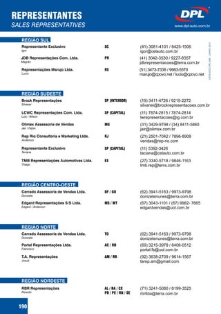 CATÁLOGODPL008-JUNHO2012
REPRESENTANTES
SALES REPRESENTATIVES
REGIÃO CENTRO-OESTE
(62) 3941-5163 / 9973-9798
donizetenunes@terra.com.br
DF / GOCerrado Assessoria de Vendas Ltda.
Donizete
(67) 3043-1101 / (67) 9982- 7665
edgardvendas@uol.com.br
MS / MTEdgard Representações S/S Ltda.
Edgard / Anderson
(11) 7874-2815 / 7874-2814
lwrepresentacoes@ig.com.br
SP (CAPITAL)LCWC Representações Com. Ltda.
Luis / Wilson
(27) 3340-5718 / 9846-1163
tmb.rep@terra.com.br
ESTMB Representações Automotivas Ltda.
Thiago
REGIÃO SUDESTE
MG (31) 3429-9798 / (34) 8411-5860
jair@olimex.com.br
Olimex Assessoria de Vendas
Jair / Fábio
(19) 3411-4726 / 9215-2272
silvanei@brockrepresentacoes.com.br
SP (INTERIOR)Brock Representações
Silvanei
(11) 5392-3426
taciana@celauto.com.br
SP (CAPITAL)Representante Exclusivo
Taciana
(21) 2501-7042 / 7896-8908
vendas@rep-rio.com
RJRep Rio Consultoria e Marketing Ltda.
Anderson
REGIÃO NORDESTE
(71) 3241-5080 / 8199-3525
rbrltda@terra.com.br
AL / BA / CE
PB / PE / RN / SE
RBR Representações
Ricardo
(41) 3042-3530 / 9227-8357
jdbrepresentacoes@terra.com.br
PRJDB Representações Com. Ltda.
Magrão
RSRepresentações Marujo Ltda.
Lucio
(41) 3081-4101 / 8425-1506
igor@celauto.com.br
SCRepresentante Exclusivo
Igor
REGIÃO SUL
(51) 3473-7338 / 9983-5570
marujo@cpovo.net / lucio@cpovo.net
REGIÃO NORTE
AC / RO (69) 3215-3978 / 8406-0512
portal.fs@uol.com.br
Portal Representações Ltda.
Francisco
(92) 3638-2709 / 9614-1567
tarep.am@gmail.com
AM / RRT.A. Representações
Josué
TOCerrado Assessoria de Vendas Ltda.
Donizete
(62) 3941-5163 / 9973-9798
donizetenunes@terra.com.br
www.dpl-auto.com.br
190
 