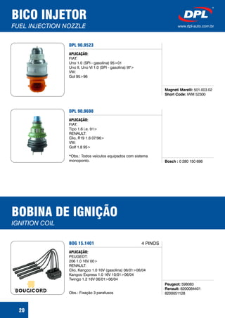 DPL 90.9523
Magneti Marelli:
Short Code:
501.003.02
IWM 52300
APLICAÇÃO:
FIAT:
Uno 1.0 (SPI - gasolina) 95>01
Uno II, Uno VI 1.0 (SPI - gasolina) 97>
VW:
Gol 95>96
20
BICO INJETOR
FUEL INJECTION NOZZLE www.dpl-auto.com.br
DPL 90.9698
Bosch : 0 280 150 698
APLICAÇÃO:
FIAT:
Tipo 1.6 i.e. 91>
RENAULT:
Clio, R19 1.6 07/96>
VW:
Golf 1.8 95>
*Obs.: Todos veículos equipados com sistema
monoponto.
BOBINA DE IGNIÇÃO
IGNITION COIL
BOG 15.1401
Peugeot:
Renault:
598083
8200084401
8200051128
APLICAÇÃO:
PEUGEOT:
206 1.0 16V 00>
RENAULT:
Clio, Kangoo 1.0 16V (gasolina) 06/01>06/04
Kangoo Express 1.0 16V 10/01>06/04
Twingo 1.2 16V 06/01>06/04
Obs.: Fixação 3 parafusos
4 PINOS
 