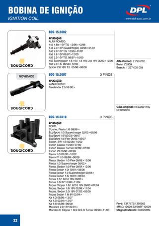 BOBINA DE IGNIÇÃO
IGNITION COIL www.dpl-auto.com.br
BOG 15.5002
Alfa-Romeo:
Beru:
Bosch:
7 793 212
ZS309
1 227 030 059
APLICAÇÃO:
ALFA ROMEO:
145 1.8ie 16V T.S. 12/96>12/98
145 2.0 16V (Quadrifoglio) 03/98>01/01
145 2.0 16V T.S. 10/95>01/01
156 1.8 16V 09/97>12/00
156 2.0 16V T.S. 09/97>10/00
156 Sportwagon 1.6 16V, 1.8 16V, 2.0 16V 05/00>12/00
166 2.0 T.S. 09/98>12/00
Spider 2.0 16V T.S. 05/98>08/00
22
BOG 15.5007
Cód. original: NEC000110L
NE000070L
APLICAÇÃO:
LAND ROVER:
Freelander 2.5 V6 00>
NOVIDADE
3 PINOS
BOG 15.5010
Ford:
Magneti Marelli:
1317972/1350562
4M5G-12029-ZA/988F-12029
BI0020MM
APLICAÇÃO:
FORD:
Courier, Fiesta 1.6i 09/99>
EcoSport 1.0i Supercharger 02/03>05/06
EcoSport 1.6i 02/03>09/07
EcoSport 1.6i Flex 06/05>09/07
Escort, SW 1.6i 02/00>10/02
Escort Classic 10/98>07/00
Escort Classic Turnier 02/99>07/00
Escort VII 09/98>02/99
Fiesta 1.0i 02/00>10/02
Fiesta IV 1.0i 09/99>06/06
Fiesta, Sedan 1.0i Flex 09/06>12/06
Fiesta 1.0i Supercharger 05/02>
Fiesta, Sedan 1.6i Flex 09/04>12/06
Fiesta Sedan 1.0i 10/01>08/06
Fiesta Sedan 1.0 Supercharger 09/04>
Fiesta Sedan 1.6i 10/01>08/04
Focus 1.6/1.8/2.0 16V 09/03>
Focus 1.6i 8V 10/98>11/04
Focus Clipper 1.6/1.8/2.0 16V 09/00>07/04
Focus, Sedan 1.8i 16V 02/99>11/04
Focus, Sedan 2.0i 16V 07/02>05/05
Focus Sedan 1.6i 8V 03/04>
Ka 1.0i 08/99>12/07
Ka 1.3i 02/01>12/07
Ka 1.6i 05/98>09/00
Maverick 2.0 16V 02/01>
Mondeo II, Clipper 1.8i/2.0i/2.0i Turnier 09/98>11/00
3 PINOS
 