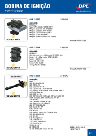 23
BOBINA DE IGNIÇÃO
IGNITION COIL www.dpl-auto.com.br
BOG 15.5015
Renault: 7700107269
APLICAÇÃO:
RENAULT:
Laguna Nevada 2.0 09/95>03/01
Mégane Cabriolet 2.0i 8V 03/99>
Mégane Classic 2.0i 8V 09/96>
Mégane Coupé 2.0i 8V 03/96>
Mégane GI 2.0i 8V 01/96>
Mégane Scénic 2.0i 8V 01/97>09/99
3 PINOS
BOG 15.5016
Renault: 7700274008
APLICAÇÃO:
RENAULT:
Clio, Kangoo 1.0, 1.6 8V (motor D7D 760) 00>
Logan 1.0, 1.6 8V (motor D7D 740) 02>
Logan 1.6 01/04>
Logan LS 1.6 04/07>
Sandero 1.6 06/08>
Twingo 1.0; 1.6 8V 00>
4 PINOS
BOG 15.5200
BMW: 12131748018
12131748017
APLICAÇÃO:
BMW:
320i 90>98 e 98>00
320i 2.5 95>98
320i Cabriolet 93>99
320i Coupé, 325i Coupé 92>99
320i Touring, 323Ci Coupé, 328Ci Coupé 99>00
323Ci Cabriolet 00
323i, 328i 98>00
323i 2.5 Cabriolet; 2.5 Coupé; 2.5 Touring 95>99
323Ti Compact, 520i, 523i Touring 97>00
325i 90>95
328i Cabriolet / Coupé 95>99
328i Touring 95>99 e 99>00
525i 24V (E39) 89>95
525i Combi 91>97
525iX 24V 91>95
528i 95>00
528i Touring, Z3 2.8; 2.8 Coupé 97>00
535i 96>99 e 99>03
540i 96>03
540i Touring 97>04
728i, 728iL 95>01
735i, 751iL, 740i 96>01
750i, 751iL 94>01
X5i 3.0 00>02
Z3 2.0 99>03
Z3 2.2; Z3 3.0; 3.0 Coupé 00>03
NOVIDADE 3 PINOS
 
