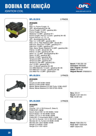 BOBINA DE IGNIÇÃO
IGNITION COIL www.dpl-auto.com.br
28
DPL-20.2010
Bosch:
Champion:
Cód. Original:
Delphi:
Magneti Marelli:
F 000 ZS0 103
BAE800B
46548037
CE10103
0780002010
APLICAÇÃO:
FIAT:
Elba 1.5, Fiorino Furgão 1.5
(SPI - álcool/gasolina) 94>96
Fiorino Furgão 1.0 (SPI - gasolina) 96>
Fiorino Furgão, Pick-up,
Weekend 1.5 (MPI - gasolina) 97>
Fiorino Furgão, Pick-up 1.0 (carb - gasolina) 94>95
Fiorino Pick-up 1.0, 1.5, 1.6
(SPI - álcool/gasolina) 94>96
Palio 1.0, 1.5 8V (MPI - gasolina) 96>
Palio 1.0/1.5, Palio Weekend (MPI - álcool) 99>
Palio Fire, Siena Fire 1.0 (MPI - gasolina) 01>
Palio Fire 1.3 (MPI - gasolina) 03>
Palio, Siena, Strada, Weekend 1.6 (MPI - gasolina) 99>
Prêmio 1.5 (SPI - álcool) 94>96
Prêmio 1.5 (SPI - gasolina) 94>95
Siena 1.0, 1.5 (MPI - álcool/gasolina) 98>
Siena 1.6 (SPI - gasolina) 98>
Strada 1.5 (MPI - gasolina) 99>
Tempra 2.0 (SPI - álcool) 94>99
Tempra 2.0 (SPI - gasolina) 94>
Tempra 2.0 16V (MPI - gasolina) 95>
Uno 1.0 (SPI - gasolina) 96>
Uno 1.5 (álcool/ gasolina) 94>96
Uno Mille Eletronic 1.0 (carb - gasolina) 93>95
Uno Mille ELX 1.0 (carb - gasolina) 94>95
Uno Mille Fire 1.0 (MPI - gasolina)02>
2 PINOS
DPL-20.2014
Beru:
Bosch:
Fiat:
ZS 311
0 221 504 014
46.467.542
APLICAÇÃO:
FIAT:
Coupé 2.0 20V 04/98>09/00
Marea 2.0 20V 03/99>09/02
Marea, Marea Weekend 2.0 20V Turbo 12/98>03/07
Marea, Marea Weekend 2.4 20V 07/00>05/05
3 PINOS
DPL-20.2029
Bosch:
Ford:
F000 ZS0 212
88SF-12029-A2A
96BF-12024-A1B
APLICAÇÃO:
FORD:
Courrier 1.3/1.4 16V Endura E, Zetec-S,
FVKB 07/97>08/99
Escort, Escort SW 1.8 16V 09/96>10/02
Escort Sedan 1.8 16V 09/96>02/00
Fiesta 1.0/1.3/1.4 16V 04/96>08/99
Fiesta GIII 1.3 (importado) 06/91>12/96
Ka 1.0/1.3, Courrier 1.3/1.4 16V 07/97>08/99
Mondeo GI 1.8, Turnier 2.0i 08/96>04/98
Mondeo GII 1.8/2.0 08/96>04/98
Ranger 2.3i 06/94>10/97
Ranger 2.5i 11/97>02/01
3 PINOS
 