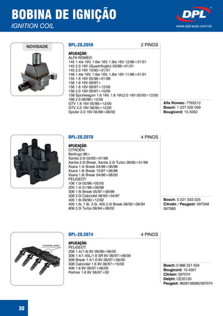 BOBINA DE IGNIÇÃO
IGNITION COIL www.dpl-auto.com.br
30
DPL-20.2059
Alfa Romeo:
Bosch:
Bougicord:
7793212
1 227 030 059
15.5002
APLICAÇÃO:
ALFA ROMEO:
145 1.4ie 16V, 1.6ie 16V, 1.8ie 16V 12/96>01/01
145 2.0 16V (Quadrifoglio) 03/98>01/01
145 2.0 16V 10/95>01/01
146 1.4ie 16V, 1.6ie 16V, 1.8ie 16V 11/96>01/01
155 1.6 16V 05/96>01/98
156 1.6 16V 09/97>
156 1.8 16V 09/97>12/00
156 2.0 16V 09/97>10/00
156 Sportwagon 1.6 16V, 1.8 16V,2.0 16V 05/00>12/00
166 2.0 09/98>12/00
GTV 1.8 16V 05/98>12/00
GTV 2.0 16V 06/95>12/00
Spider 2.0 16V 05/98>08/00
NOVIDADE
DPL-20.2070
Bosch:
Citroën / Peugeot:
0 221 503 025
597048
597060
APLICAÇÃO:
CITROËN:
Berlingo 96>
Xantia 2.0i 03/93>01/98
Xantia 2.0i Break, Xantia 2.0i Turbo 09/95>01/98
Xsara 1.4i Break 04/98>06/98
Xsara 1.6i Break 10/97>06/98
Xsara 1.8i Break 04/98>08/00
PEUGEOT:
106 1.0i 05/96>05/05
205 1.4i 01/96>09/98
306 1.6i Break 05/97>06/98
306 2.0i Cabriolet 08/93>04/97
405 1.6i 09/90>12/92
405 1.6i, 1.8i, 2.0i, 405 2.0i Break 06/92>06/94
806 2.0i Turbo 06/94>08/02
4 PINOS
DPL-20.2074
Bosch:
Bougicord:
Citröen:
Delphi:
Peugeot:
0 986 221 034
15.4301
597074
CE20120
9628158580/597074
APLICAÇÃO:
PEUGEOT:
206 1.4i/1.6i 8V 09/98>06/00
306 1.4/1.4SL/1.6 SR 8V 06/97>06/00
306 Break 1.4/1.6 8V 06/97>06/00
306 Cabriolet 1.6 8V 06/97>10/00
406 1.6 8V 06/97>06/00
Partner 1.6 8V 06/97>00
conector preto
4 PINOS
2 PINOS
 
