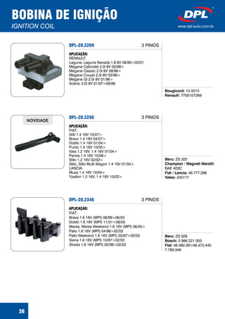 BOBINA DE IGNIÇÃO
IGNITION COIL www.dpl-auto.com.br
36
DPL-20.2269
Bougicord:
Renault:
15.5015
7700107269
APLICAÇÃO:
RENAULT:
Laguna, Laguna Nevada 1.8 8V 08/95>03/01
Mégane Cabriolet 2.0i 8V 03/99>
Mégane Classic 2.0i 8V 09/96>
Mégane Coupé 2.0i 8V 03/96>
Mégane GI 2.0i 8V 01/96>
Scénic 2.0i 8V 01/97>09/99
3 PINOS
DPL-20.2288
Beru:
Champion / Magneti Marelli:
Fiat / Lancia:
Valeo:
ZS 322
BAE 403C
46.777.288
245117
APLICAÇÃO:
FIAT:
500 1.4 16V 10/07>
Bravo 1.4 16V 04/07>
Doblo 1.4 16V 01/04>
Punto 1.4 16V 10/05>
Idea 1.2 16V, 1.4 16V 01/04>
Panda 1.4 16V 10/06>
Stilo 1.2 16V 02/02>
Stilo, Stilo Multi Wagon 1.4 16V 01/04>
LANCIA:
Musa 1.4 16V 10/04>
Ypsilon 1.2 16V, 1.4 16V 10/03>
NOVIDADE
DPL-20.2346
Beru:
Bosch:
Fiat:
ZS 029
0 986 221 003
46.480.361/46.472.440
7.789.346
APLICAÇÃO:
FIAT:
Brava 1.6 16V (MPI) 08/99>06/03
Doblò 1.6 16V (MPI) 11/01>08/03
Marea, Marea Weekend 1.6 16V (MPI) 06/05>
Palio 1.6 16V (MPI) 04/96>02/03
Palio Weekend 1.6 16V (MPI) 05/97>02/03
Siena 1.6 16V (MPI) 10/97>02/03
Strada 1.6 16V (MPI) 02/98>02/03
3 PINOS
3 PINOS
 