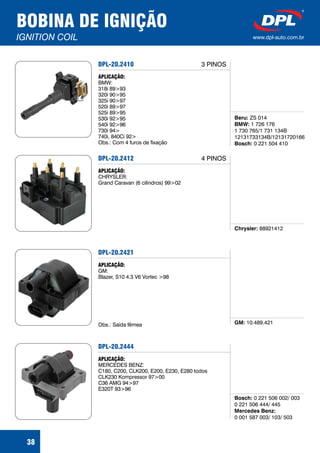 BOBINA DE IGNIÇÃO
IGNITION COIL www.dpl-auto.com.br
38
DPL-20.2410
Beru:
BMW:
Bosch:
ZS 014
1 726 176
1 730 765/1 731 134B
12131733134B/12131720166
0 221 504 410
APLICAÇÃO:
BMW:
318i 89>93
320i 90>95
325i 90>97
520i 89>97
525i 89>95
530i 92>95
540i 92>96
730i 94>
740i, 840Ci 92>
Obs.: Com 4 furos de fixação
3 PINOS
DPL-20.2412
Chrysler: 88921412
APLICAÇÃO:
CHRYSLER:
Grand Caravan (6 cilindros) 99>02
4 PINOS
DPL-20.2421
GM: 10.489.421
APLICAÇÃO:
GM:
Blazer, S10 4.3 V6 Vortec >98
Obs.: Saída fêmea
DPL-20.2444
Bosch:
Mercedes Benz:
0 221 506 002/ 003
444/ 445
0 001 587 003/ 103/ 503
0 221 506
APLICAÇÃO:
MERCEDES BENZ:
C180, C200, CLK200, E200, E230, E280 todos
CLK230 Kompressor 97>00
C36 AMG 94>97
E320T 93>96
 
