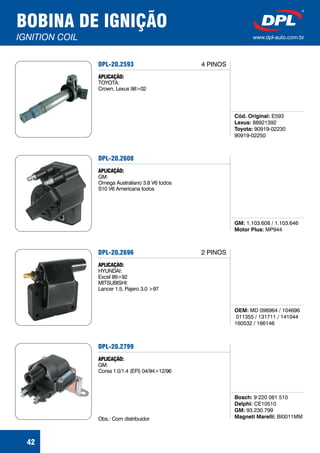 BOBINA DE IGNIÇÃO
IGNITION COIL www.dpl-auto.com.br
42
DPL-20.2593
Cód. Original:
Lexus:
Toyota:
E593
88921392
90919-02230
90919-02250
APLICAÇÃO:
TOYOTA:
Crown, Lexus 98>02
4 PINOS
DPL-20.2608
GM:
Motor Plus:
1.103.608 / 1.103.646
MP944
APLICAÇÃO:
GM:
Omega Australiano 3.8 V6 todos
S10 V6 Americana todos
DPL-20.2696
OEM: MD 098964 / 104696
011355 / 131711 / 141044
160532 / 166146
APLICAÇÃO:
HYUNDAI:
Excel 89>92
MITSUBISHI:
Lancer 1.5, Pajero 3.0 >97
DPL-20.2799
Bosch:
Delphi:
GM:
Magneti Marelli:
9 220 081 510
CE10510
93.230.799
BI0011MM
APLICAÇÃO:
GM:
Corsa 1.0/1.4 (EFI) 04/94>12/96
Obs.: Com distribuidor
2 PINOS
 