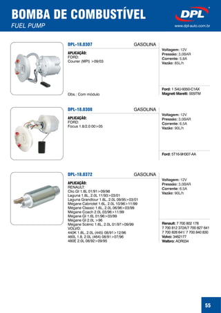 55
BOMBA DE COMBUSTÍVEL
FUEL PUMP www.dpl-auto.com.br
DPL-18.0307
Ford:
Magneti Marelli:
1 S4U-9350-C1AX
005ITM
APLICAÇÃO:
FORD:
Courier (MPI) >09/03
Obs.: Com módulo
GASOLINA
Voltagem:
Pressão:
Corrente:
Vazão:
12V
3,0BAR
5,8A
85L/h
DPL-18.0308
Ford: 5T16-9H307-AA
APLICAÇÃO:
FORD:
Focus 1.8/2.0 00>05
GASOLINA
Voltagem:
Pressão:
Corrente:
Vazão:
12V
3,0BAR
6,5A
90L/h
DPL-18.0372
Renault:
Volvo:
Walbro:
7 700 802 178
7 700 812 372A/7 700 827 641
7 700 828 641/ 7 700 840 830
3462177
AOR034
APLICAÇÃO:
RENAULT:
Clio GI 1.8L 01/91>09/98
Laguna 1.8L, 2.0L 11/93>03/01
Laguna Grandtour 1.8L, 2.0L 09/95>03/01
Mégane Cabriolet 1.6L, 2.0L 10/96>11/99
Mégane Classic 1.6L, 2.0L 06/96>03/99
Mégane Coach 2.0L 03/96>11/99
Mégane GI 1.6L 01/96>03/99
Mégane GI 2.0L >96
Mégane Scénic 1.6L, 2.0L 01/97>09/99
VOLVO:
440K 1.8L, 2.0L (445) 08/91>12/96
460L 1.8, 2.0L (464) 08/91>07/96
480E 2.0L 08/92>09/95
GASOLINA
Voltagem:
Pressão:
Corrente:
Vazão:
12V
3,0BAR
6,5A
90L/h
 