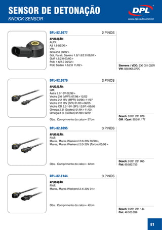 81
SENSOR DE DETONAÇÃO
KNOCK SENSOR www.dpl-auto.com.br
DPL-82.8077
Siemens / VDO:
VW:
330 001 002R
030.905.377C
APLICAÇÃO:
AUDI:
A3 1.8 05/00>
VW:
Bora 2.0 09/02>
Gol, Parati, Saveiro 1.6/1.8/2.0 08/01>
Golf 1.8/2.0 03/00>
Polo 1.6/2.0 05/02>
Polo Sedan 1.6/2.0 11/02>
2 PINOS
DPL-82.8079
Bosch:
GM / Opel:
0 261 231 079
90.511.177
APLICAÇÃO:
GM:
Astra 2.0 16V 02/99>
Vectra 2.0 (MPFI) 07/98>12/02
Vectra 2.2 16V (MPFI) 04/96>11/97
Vectra 2.2 16V (SFI) 01/03>06/05
Vectra CD 2.0 16V (SFI) 12/97>06/05
Omega 2.5i (Ecotec) 01/94>11/00
Omega 3.0i (Ecotec) 01/99>02/01
Obs.: Comprimento do cabo= 57cm
2 PINOS
DPL-82.8095
Bosch:
Fiat:
0 261 231 095
60.592.752
APLICAÇÃO:
FIAT:
Marea, Marea Weekend 2.0i 20V 05/98>
Marea, Marea Weekend 2.0i 20V (Turbo) 05/98>
Obs.: Comprimento do cabo= 42cm
3 PINOS
DPL-82.8144
Bosch:
Fiat:
0 261 231 144
46.525.288
APLICAÇÃO:
FIAT:
Marea, Marea Weekend 2.4i 20V 01>
Obs.: Comprimento do cabo= 42cm
3 PINOS
 