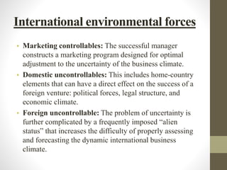 International environmental forces
• Marketing controllables: The successful manager
constructs a marketing program design...