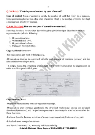 8
@ Ashek Mahmud Khan; Dept. of CSE (JUST); 01725-402592
Q. 2013-1(a): What do you understand by span of control?
Span of control: Span of control is simply the number of staff that report to a manager.
Some companies also have an ideal span of control, which is the number of reports they feel
a manager can effectively manage.
Q.8 /Q. 2012-3(a): How can the span of control be determined?
Some key factors to review when determining the appropriate span of control within an
organization include the following:
1. Organizational size.
2. Workforce skill level.
3. Organizational culture.
4. Manager's responsibilities.
Organizational Structure:
-No organisation can work without people.
-Organisation structure is concerned with the establishment of positions (persons) and the
relationships between positions.
- It simply means the systematic arrangement of the people working for the organisation in
order to achieve pre-decided goals.
Organisation Chart:
-Organisation chart is the result of organisation design.
-Organisation chart portrays graphically the structural relationship among the different
functions(departments) and the positions(persons) in the enterprise who are responsible for
those functions.
-It shows- how the dynamic activities of a concern are coordinated into a working unit.
-It is also known as organization tree.
-the lines of command, i.e., Authority and Responsibility.
 