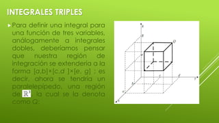 INTEGRALES TRIPLES
Para definir una integral para
una función de tres variables,
análogamente a integrales
dobles, deberíamos pensar
que nuestra región de
integración se extendería a la
forma [a,b]×[c,d ]×[e, g] ; es
decir, ahora se tendría un
paralelepípedo, una región
de , la cual se la denota
como Q:
 