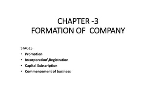 CHAPTER -3
FORMATION OF COMPANY
STAGES
• Promotion
• IncorporationRegistration
• Capital Subscription
• Commencement of business
 