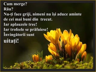 Cum merge?  Rău?  Nu-ţi face griji, nimeni nu îşi aduce aminte  de cei mai buni din  trecut. Iar aplauzele trec!  Iar trofeele se prăfuiesc!  Învingătorii sunt  uitaţi ! 