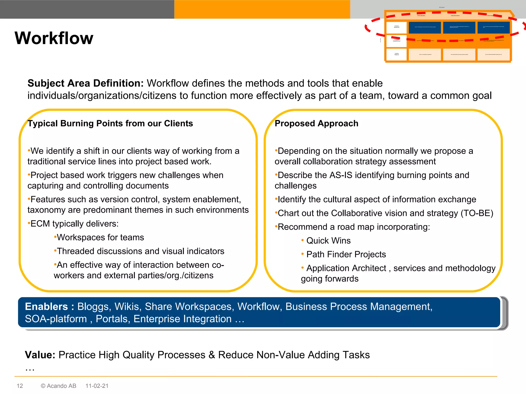 Workflow Subject Area Definition:  Workflow defines the methods and tools that enable individuals/organizations/citizens to function more effectively as part of a team, toward a common goal Enablers :  Bloggs, Wikis, Share Workspaces, Workflow, Business Process Management,  SOA-platform , Portals, Enterprise Integration … Typical Burning Points from our Clients We identify a shift in our clients way of working from a traditional service lines into project based work. Project based work triggers new challenges when capturing and controlling documents Features such as version control, system enablement, taxonomy are predominant themes in such environments ECM typically delivers: Workspaces for teams Threaded discussions and visual indicators An effective way of interaction between co-workers and external parties/org./citizens Proposed Approach Depending on the situation normally we propose a overall collaboration strategy assessment Describe the AS-IS identifying burning points and challenges Identify the cultural aspect of information exchange Chart out the Collaborative vision and strategy (TO-BE) Recommend a road map incorporating: Quick Wins Path Finder Projects Application Architect , services and methodology going forwards Value:  Practice High Quality Processes & Reduce Non-Value Adding Tasks … 11-02-21 Why do I have difficulties controlling content when working in projects? Why do I have a multitude of redundant ECM applications? Why am I not compliant with regulations? Which culture and technology will enable efficient content flow in a collaborative environment? Which platform and solution vendor satisfies my future needs? Which system/solution will make my business compliant? How do I make the cultural and technology change to maximise content flow? How do I change my application landscape whilst keeping the current efficiency and end-user satisfaction? How do I maintain the organisation compliant over time? Develop insight (Why?) Explore options (Which?) Solution Development (How?) Collaboration “ Manage growth” Consolidation “ Manage effectiveness” Compliance “ Manage risk” Solution Approach Focus  Areas 