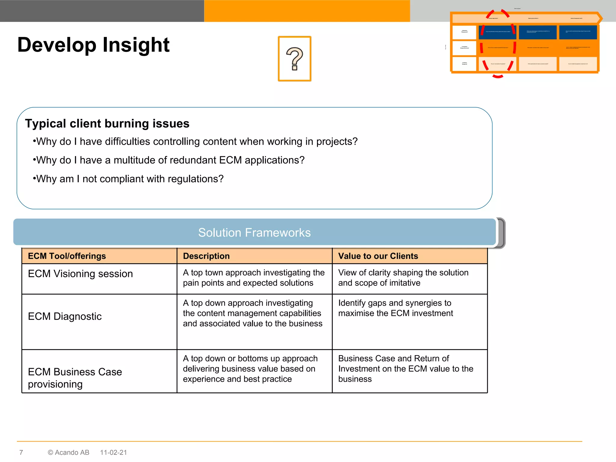 Develop Insight Typical client burning issues Why do I have difficulties controlling content when working in projects? Why do I have a multitude of redundant ECM applications? Why am I not compliant with regulations? Solution Frameworks 11-02-21 ECM Tool/offerings Description Value to our Clients ECM Visioning session A top town approach investigating the pain points and expected solutions View of clarity shaping the solution and scope of imitative ECM Diagnostic A top down approach investigating the content management capabilities and associated value to the business Identify gaps and synergies to maximise the ECM investment ECM Business Case provisioning A top down or bottoms up approach delivering business value based on experience and best practice Business Case and Return of Investment on the ECM value to the business Why do I have difficulties controlling content when working in projects? Why do I have a multitude of redundant ECM applications? Why am I not compliant with regulations? Which culture and technology will enable efficient content flow in a collaborative environment? Which platform and solution vendor satisfies my future needs? Which system/solution will make my business compliant? How do I make the cultural and technology change to maximise content flow? How do I change my application landscape whilst keeping the current efficiency and end-user satisfaction? How do I maintain the organisation compliant over time? Develop insight (Why?) Explore options (Which?) Solution Development (How?) Collaboration “ Manage growth” Consolidation “ Manage effectiveness” Compliance “ Manage risk” Solution Approach Focus  Areas 
