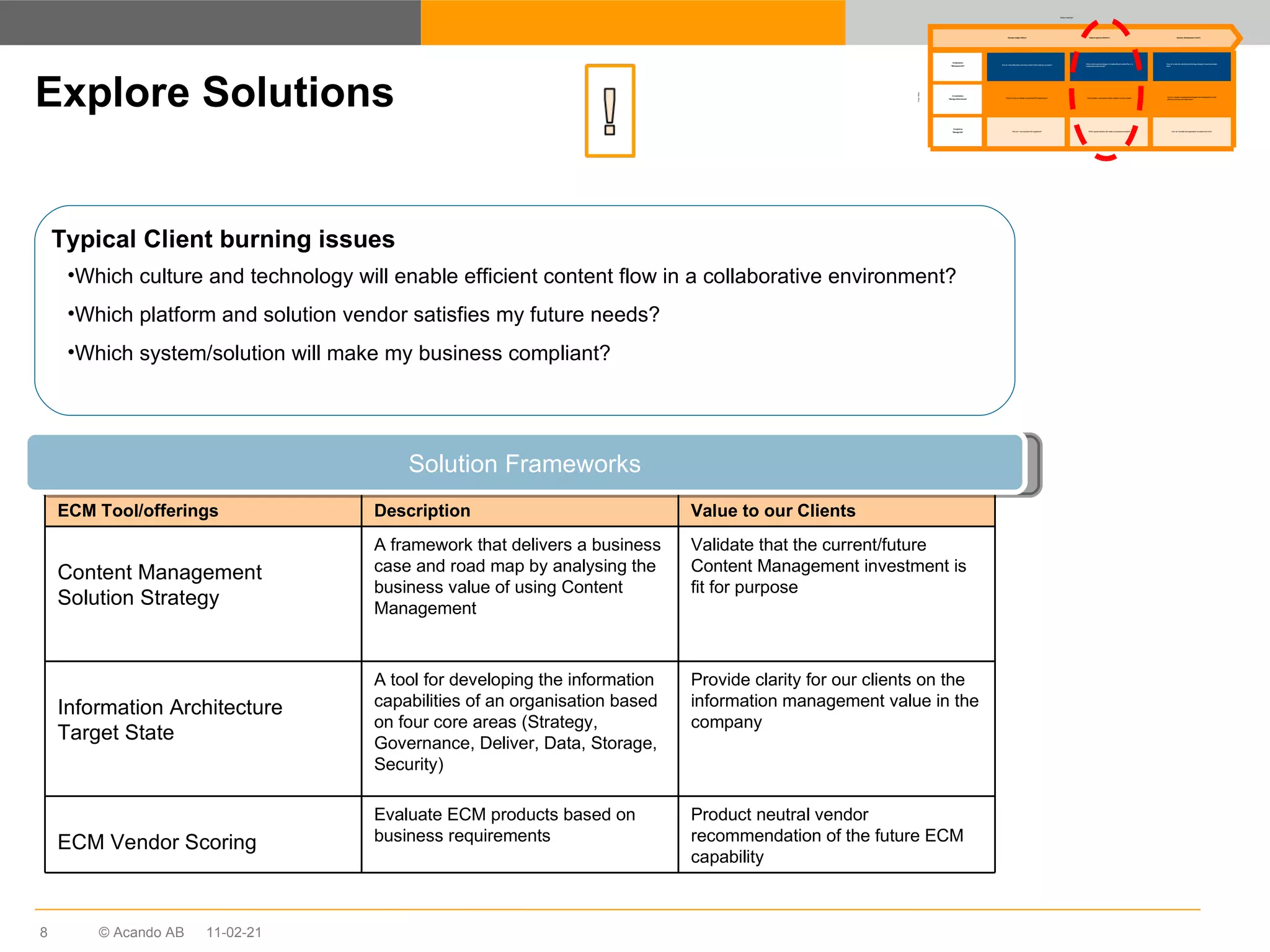 Explore Solutions Typical Client burning issues Which culture and technology will enable efficient content flow in a collaborative environment? Which platform and solution vendor satisfies my future needs? Which system/solution will make my business compliant? Solution Frameworks 11-02-21 ECM Tool/offerings Description Value to our Clients Content Management  Solution Strategy A framework that delivers a business case and road map by analysing the business value of using Content Management Validate that the current/future Content Management investment is fit for purpose Information Architecture  Target State A tool for developing the information capabilities of an organisation based on four core areas (Strategy, Governance, Deliver, Data, Storage, Security) Provide clarity for our clients on the information management value in the company ECM Vendor Scoring Evaluate ECM products based on business requirements Product neutral vendor recommendation of the future ECM capability  Why do I have difficulties controlling content when working in projects? Why do I have a multitude of redundant ECM applications? Why am I not compliant with regulations? Which culture and technology will enable efficient content flow in a collaborative environment? Which platform and solution vendor satisfies my future needs? Which system/solution will make my business compliant? How do I make the cultural and technology change to maximise content flow? How do I change my application landscape whilst keeping the current efficiency and end-user satisfaction? How do I maintain the organisation compliant over time? Develop insight (Why?) Explore options (Which?) Solution Development (How?) Collaboration “ Manage growth” Consolidation “ Manage effectiveness” Compliance “ Manage risk” Solution Approach Focus  Areas 