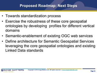 Proposed Roadmap: Next Steps 
• Towards standardization process 
• Exercise the robustness of these core geospatial 
ontologies by developing profiles for different vertical 
domains 
• Semantic-enablement of existing OGC web services 
• Define architecture for Semantic Geospatial Services 
leveraging the core geospatial ontologies and existing 
Linked Data standards 
Copyright © 2014 Image Matters LLC. All rights reserved. | www.imagemattersllc.com 
Page 14 
 