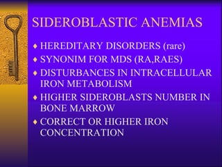 SIDEROBLASTIC ANEMIAS HEREDITARY DISORDERS (rare) SYNONIM FOR MDS (RA,RAES) DISTURBANCES IN INTRACELLULAR IRON METABOLISM HIGHER SIDEROBLASTS NUMBER IN BONE MARROW CORRECT OR HIGHER IRON CONCENTRATION  